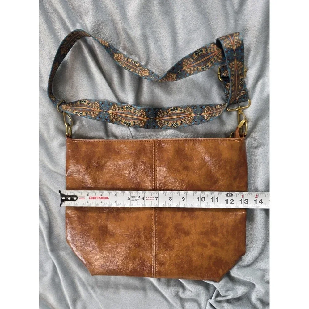 Cognac Brown Crossbody Bag Boho Patterned Guitar Strap Foldover Faux Leather